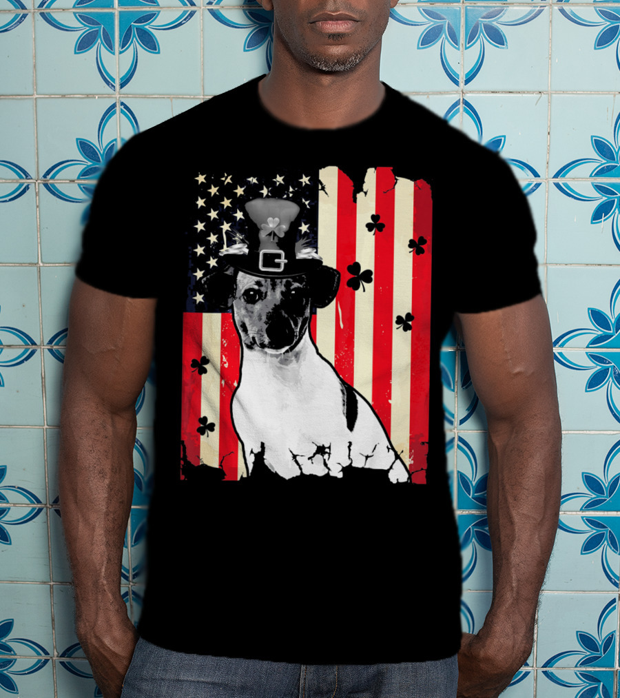 Jack Russell Terrier American Flag St Patricks Day With Shamrocks T-Shirt