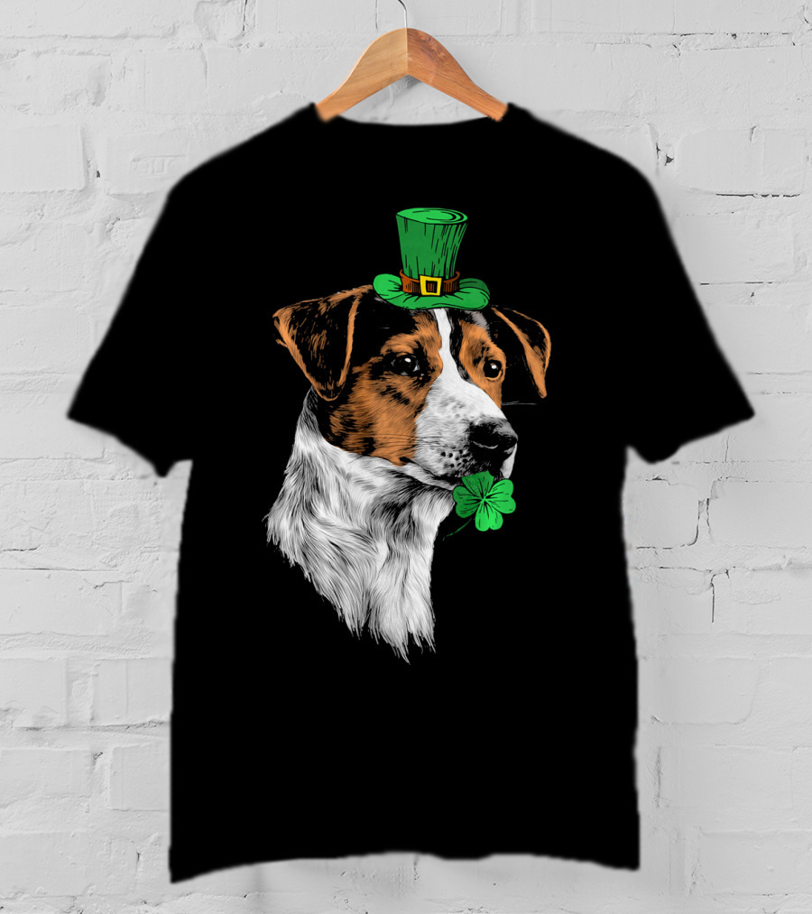 Jack Russell Terrier With Leprechaun Hat And Shamrock St Patrick's Day T-Shirt
