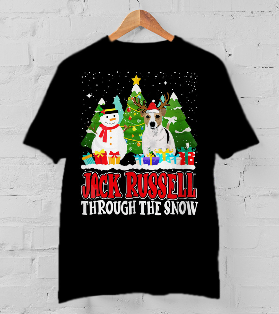 Jack Russell Through The Snow Christmas Reindeer Hat Snowman Trees Gifts T-Shirt