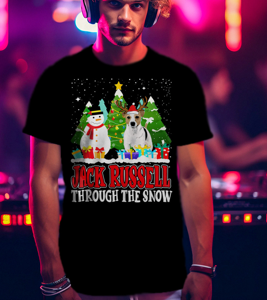 Jack Russell Through The Snow Christmas Reindeer Hat Snowman Trees Gifts T-Shirt