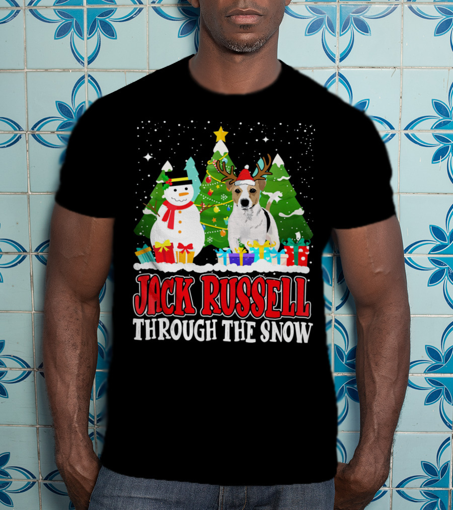 Jack Russell Through The Snow Christmas Reindeer Hat Snowman Trees Gifts T-Shirt