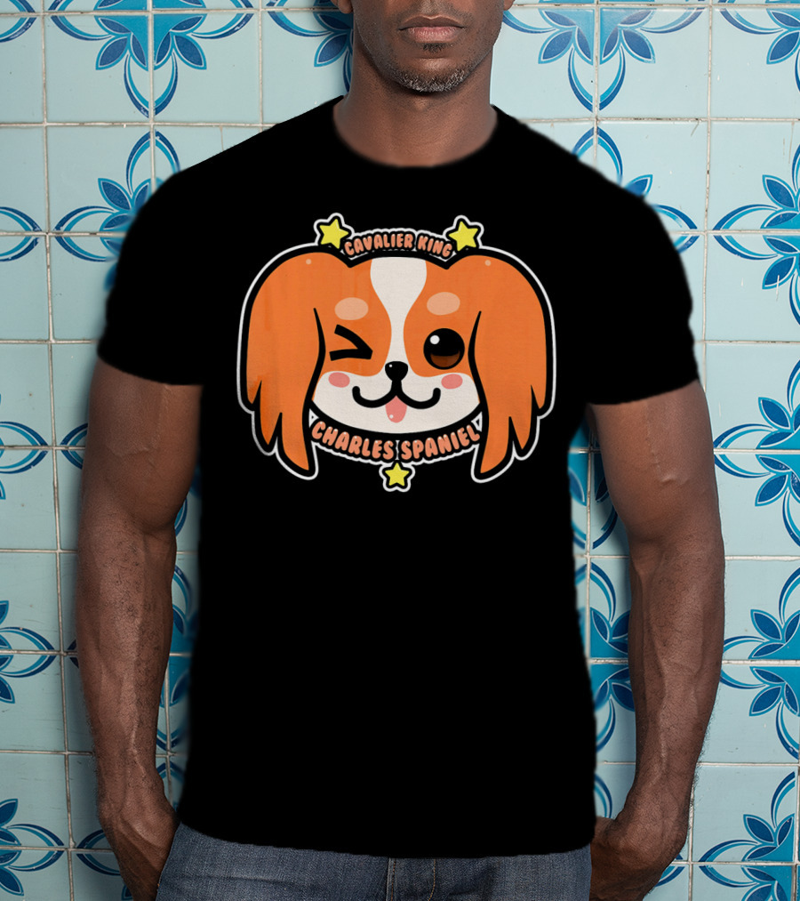 KAWAII Cavalier King Charles Spaniel Dog Puppy Cute Winking Face With Stars T-Shirt