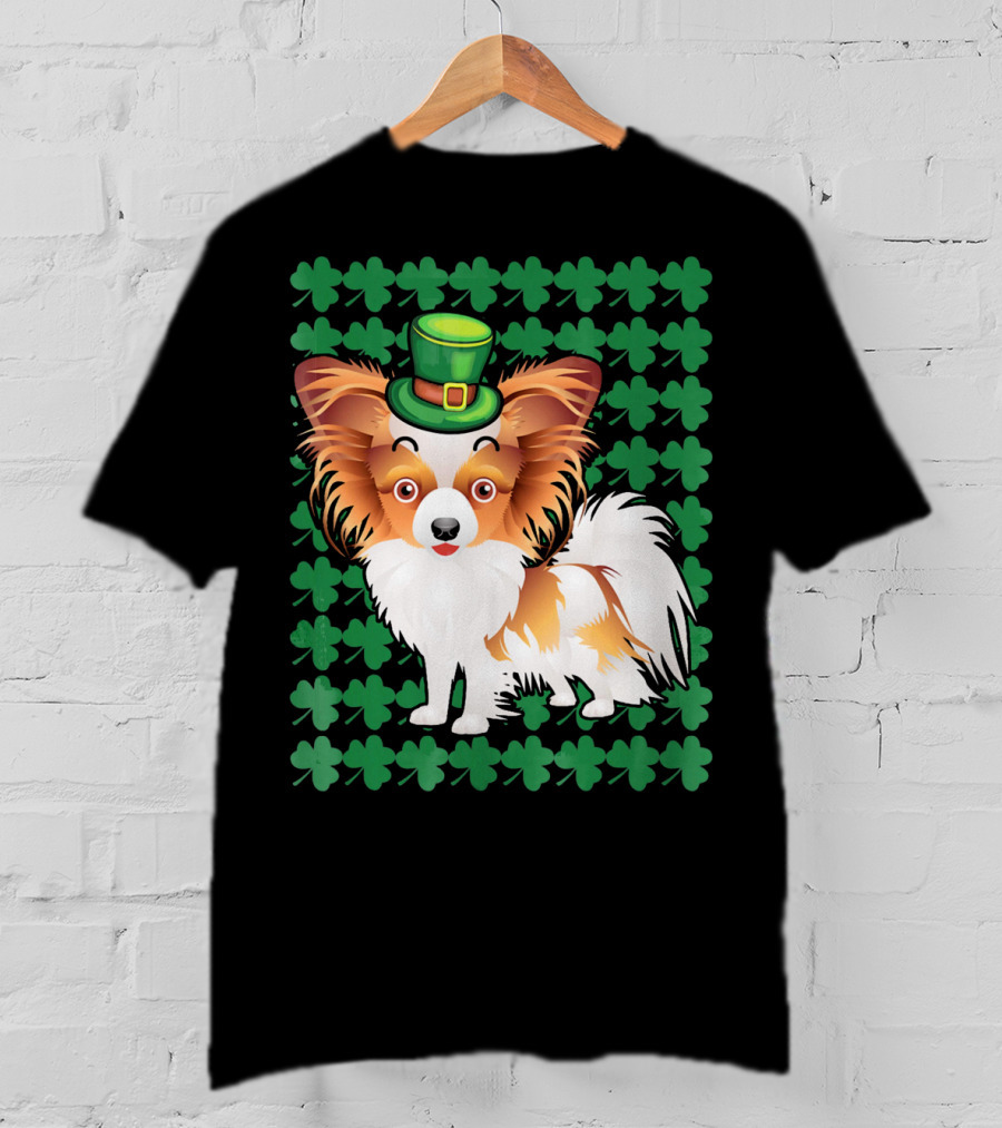 Papillon Dog In Leprechaun Hat Surrounded By Clover T-Shirt