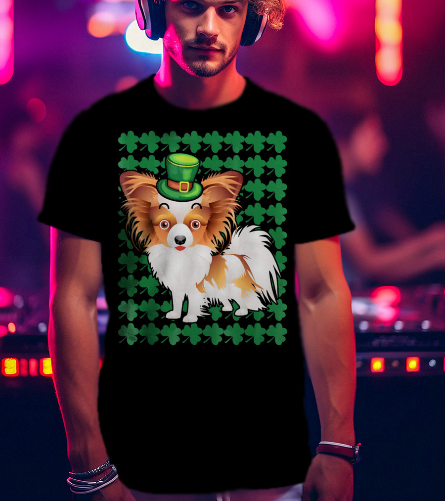 Papillon Dog In Leprechaun Hat Surrounded By Clover T-Shirt