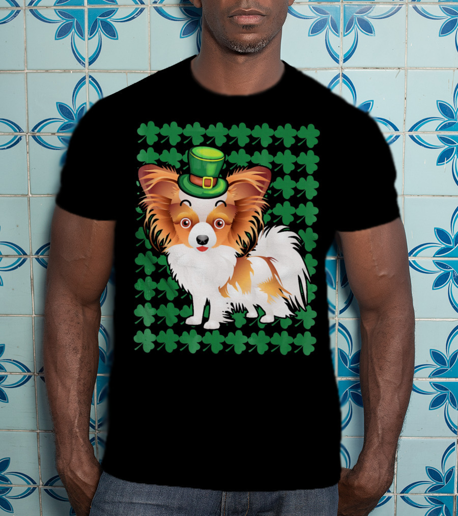 Papillon Dog In Leprechaun Hat Surrounded By Clover T-Shirt