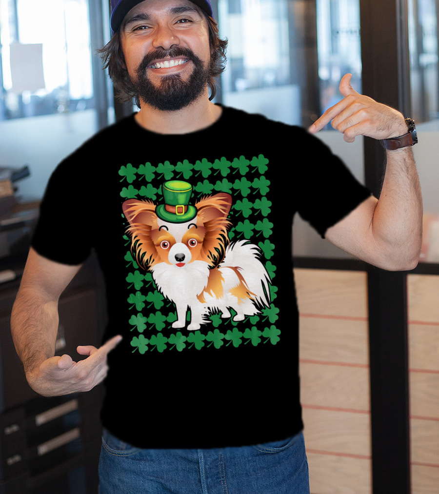 Papillon Dog In Leprechaun Hat Surrounded By Clover T-Shirt