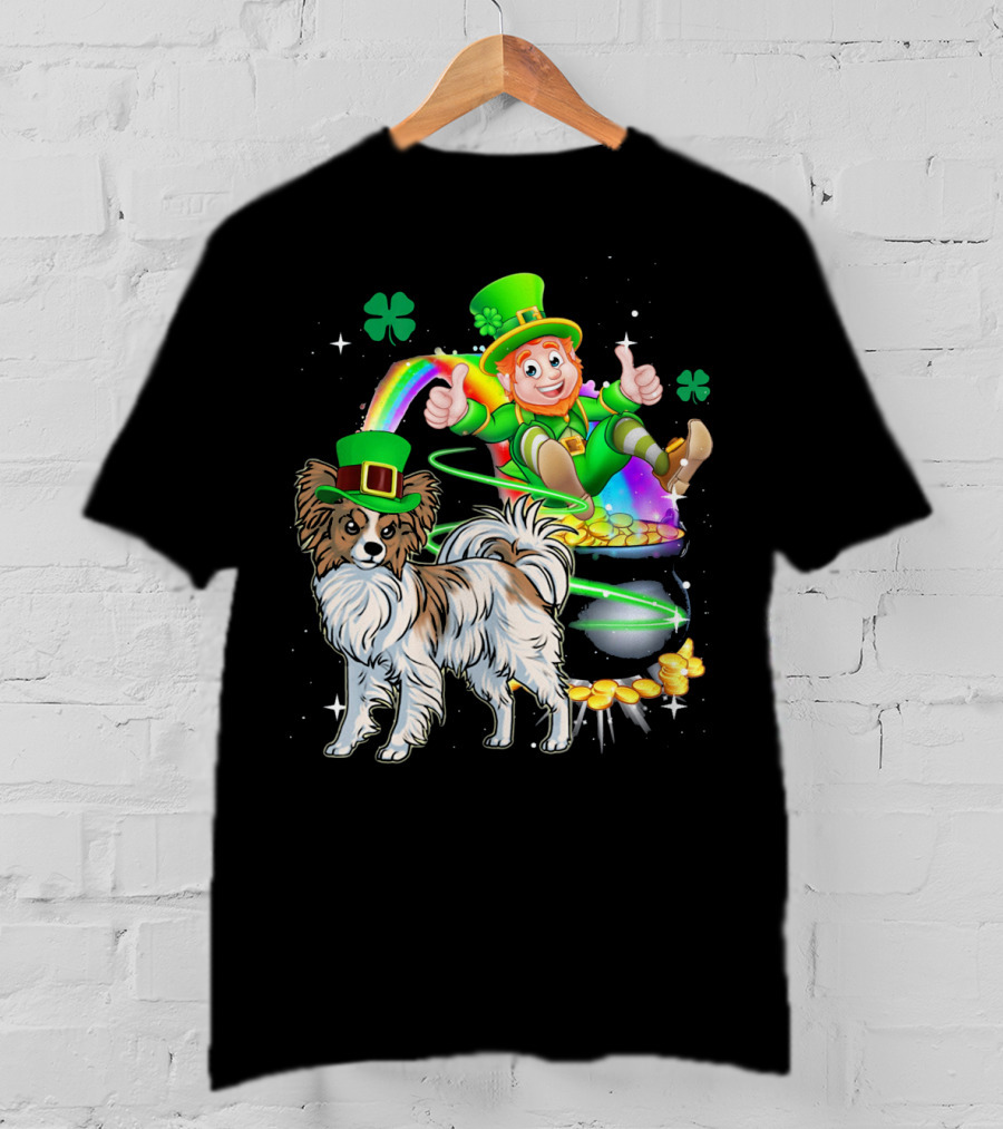 Leprechaun Papillon Clover Rainbow Gold Coins And Pot T-Shirt