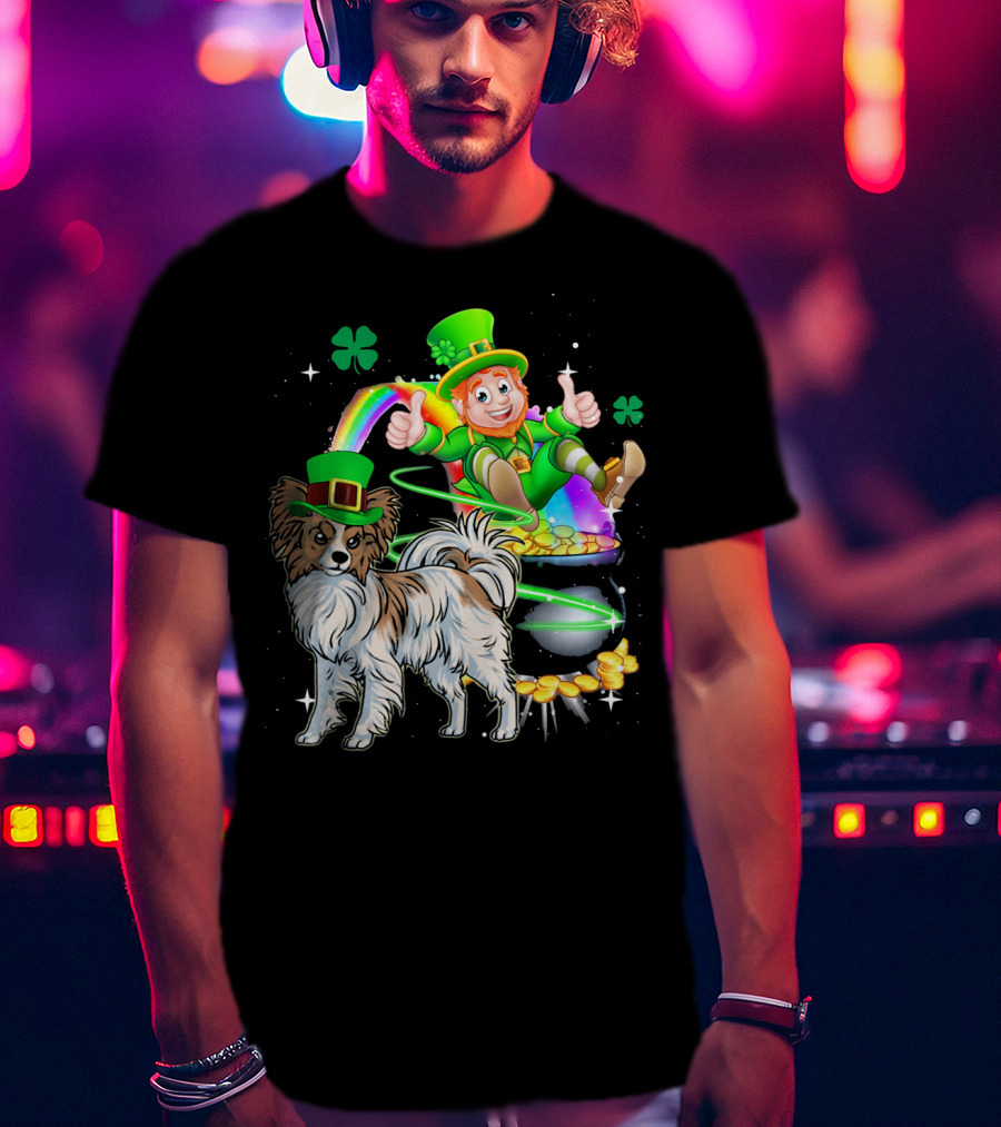Leprechaun Papillon Clover Rainbow Gold Coins And Pot T-Shirt