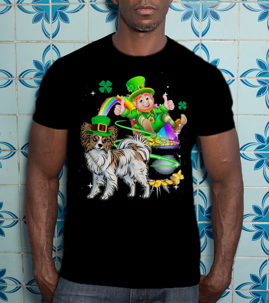 Leprechaun Papillon Clover Rainbow Gold Coins And Pot T-Shirt