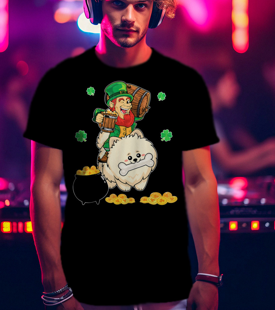 Leprechaun Rides Pomeranian With Beer And Gold Shamrocks T-Shirt