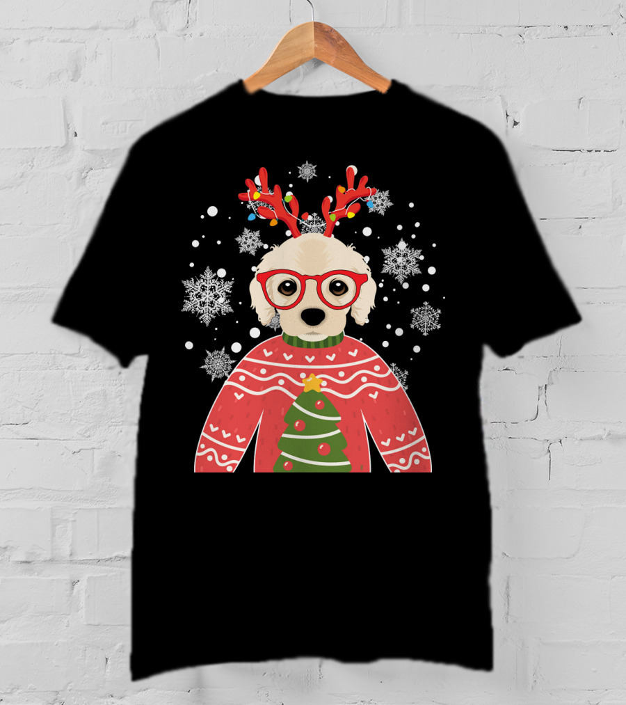 Christmas Cocker Spaniel Reindeer Antlers Snowflakes Sweater Tree T-Shirt