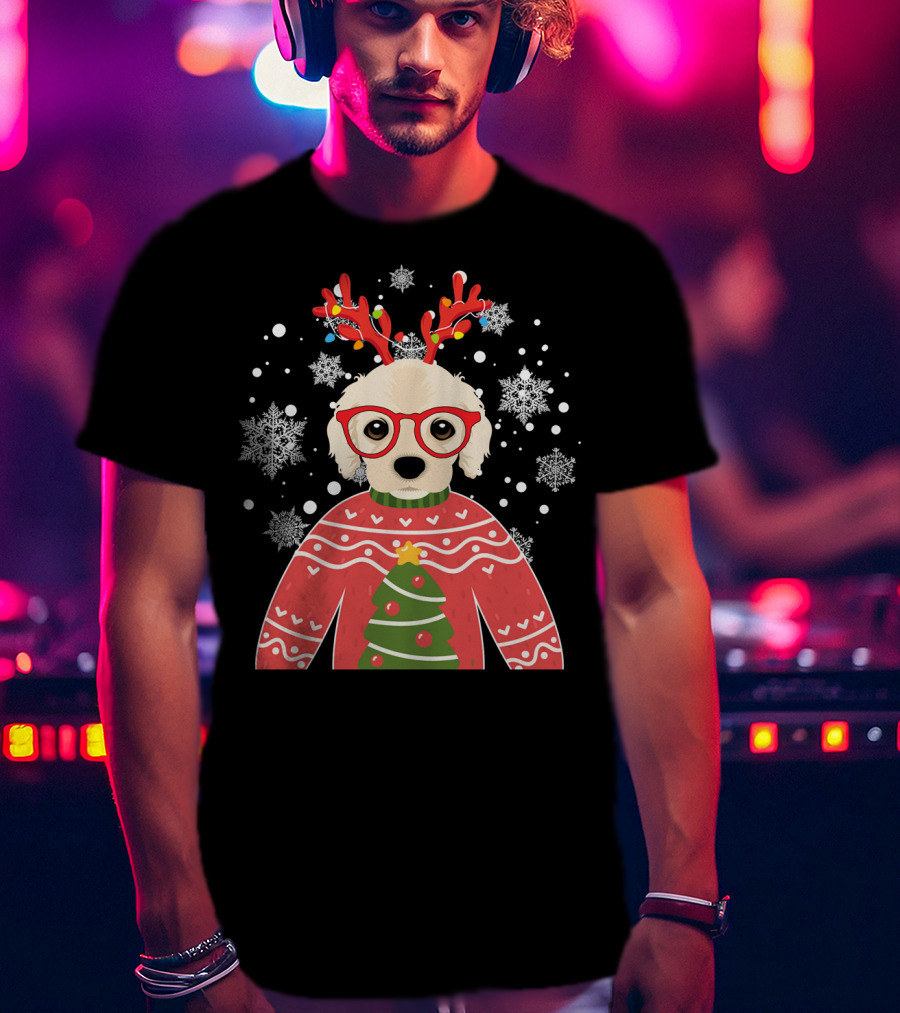 Christmas Cocker Spaniel Reindeer Antlers Snowflakes Sweater Tree T-Shirt