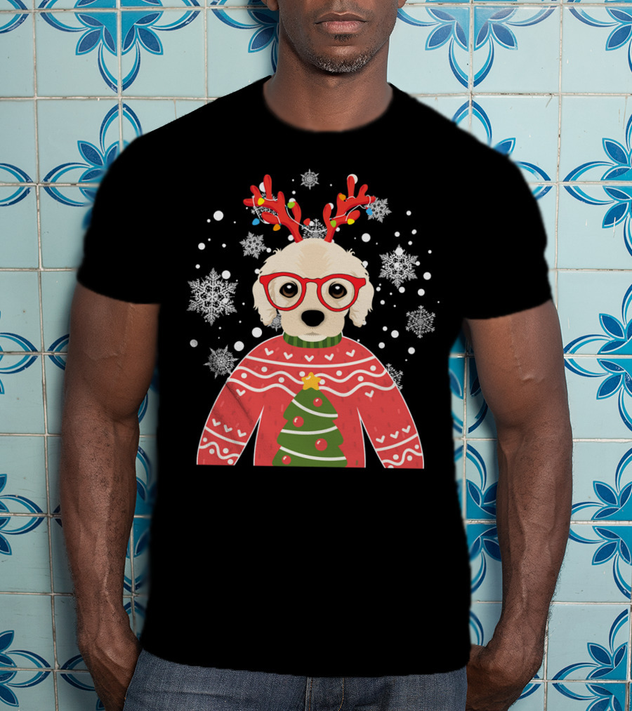 Christmas Cocker Spaniel Reindeer Antlers Snowflakes Sweater Tree T-Shirt