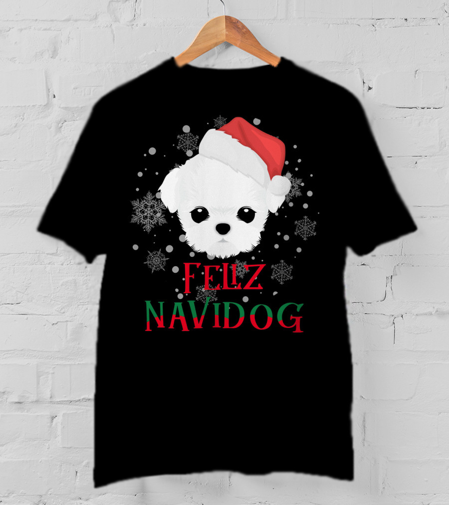 Feliz Navidog Maltese Dog Christmas Santa Hat Snowflakes T-Shirt