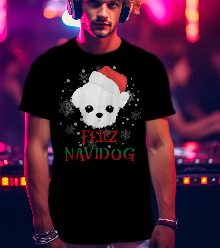 Feliz Navidog Maltese Dog Christmas Santa Hat Snowflakes T-Shirt