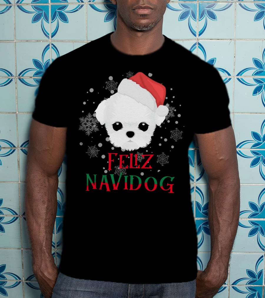 Feliz Navidog Maltese Dog Christmas Santa Hat Snowflakes T-Shirt