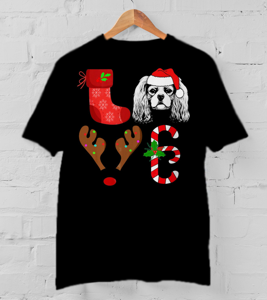 Love Cavalier King Charles Spaniel Santa Reindeer Candy Cane Stocking T-Shirt