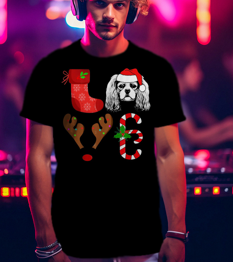 Love Cavalier King Charles Spaniel Santa Reindeer Candy Cane Stocking T-Shirt