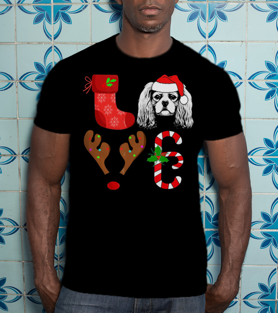Love Cavalier King Charles Spaniel Santa Reindeer Candy Cane Stocking T-Shirt