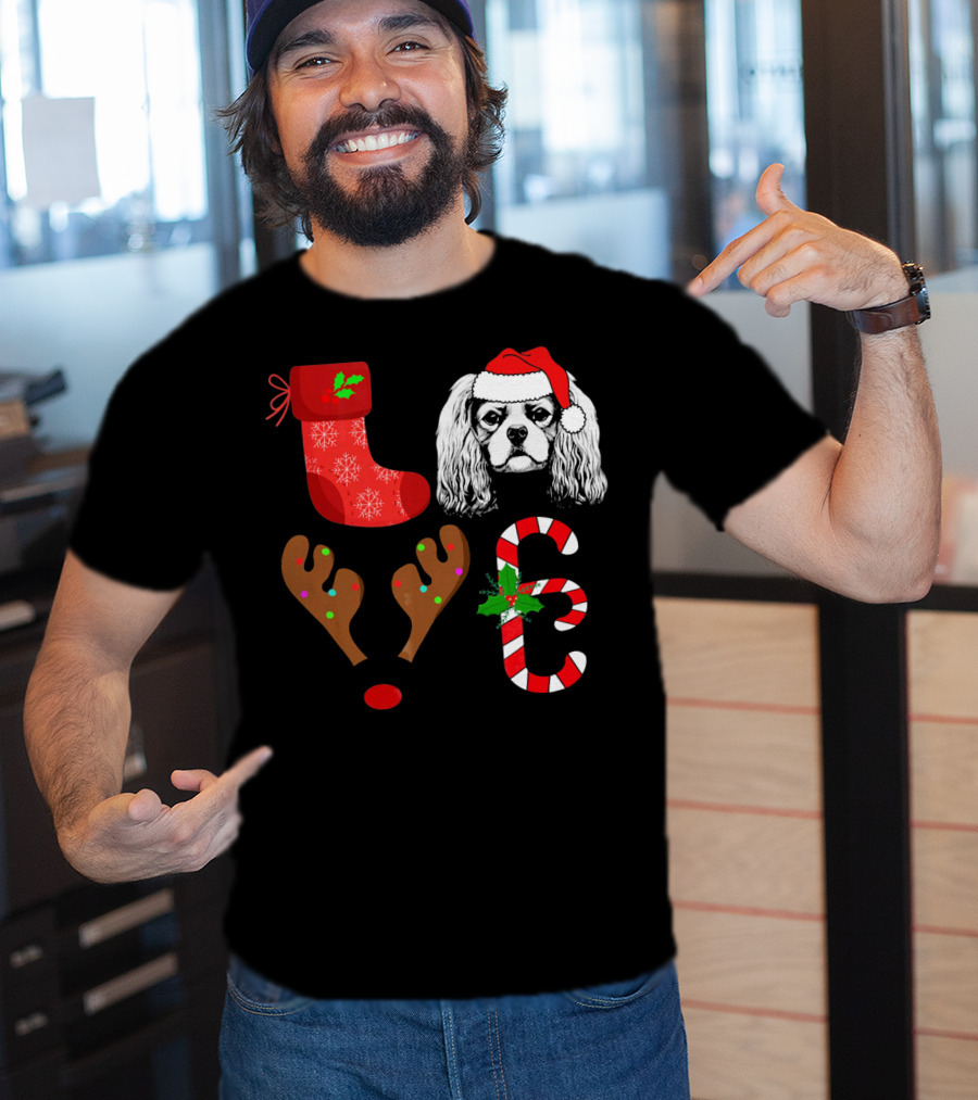 Love Cavalier King Charles Spaniel Santa Reindeer Candy Cane Stocking T-Shirt