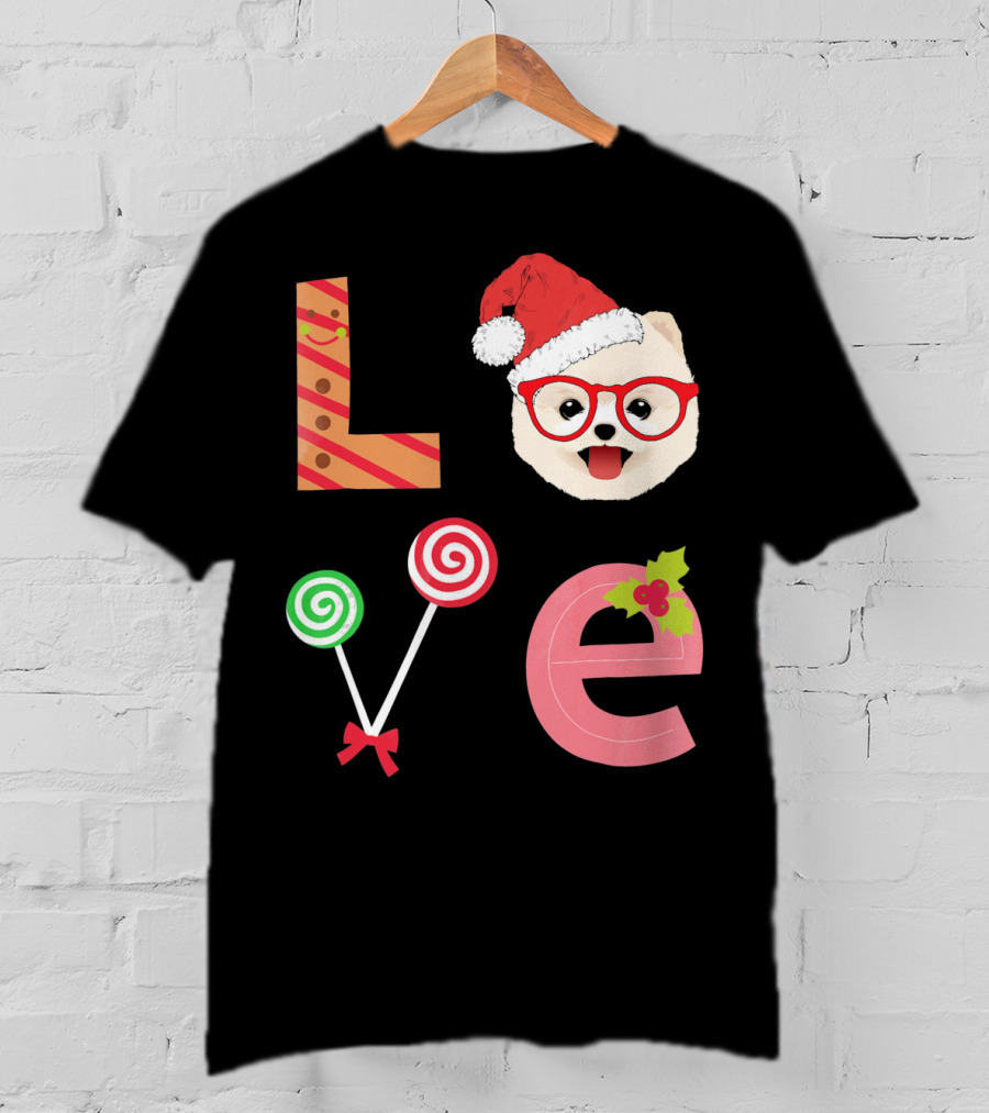 Love Pomeranian Santa Christmas Dog Candy Cane Glasses T-Shirt