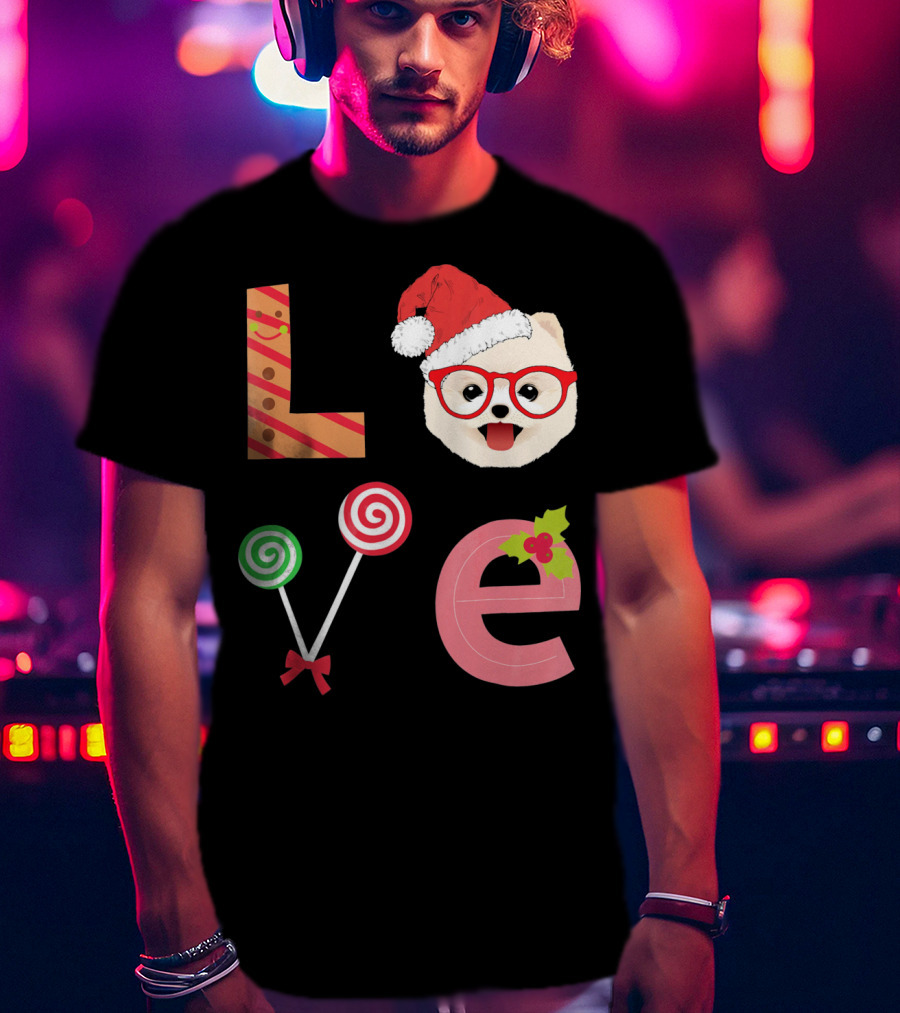 Love Pomeranian Santa Christmas Dog Candy Cane Glasses T-Shirt