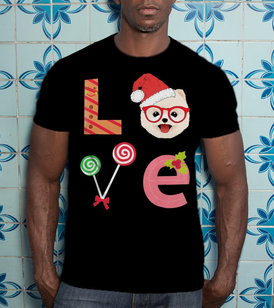Love Pomeranian Santa Christmas Dog Candy Cane Glasses T-Shirt