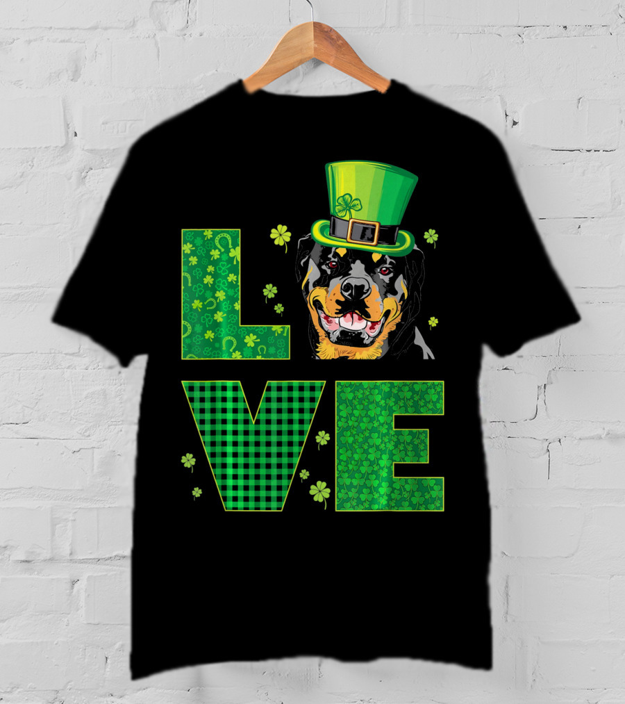 Love Rottweiler St. Patrick's Day Hat Green Shamrock Leaf T-Shirt
