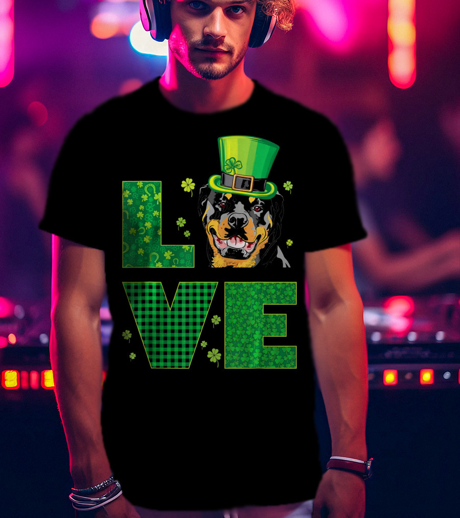 Love Rottweiler St. Patrick's Day Hat Green Shamrock Leaf T-Shirt