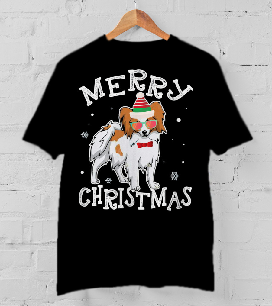 Merry Christmas Papillon Noel Hat Bowtie Snowflakes T-Shirt