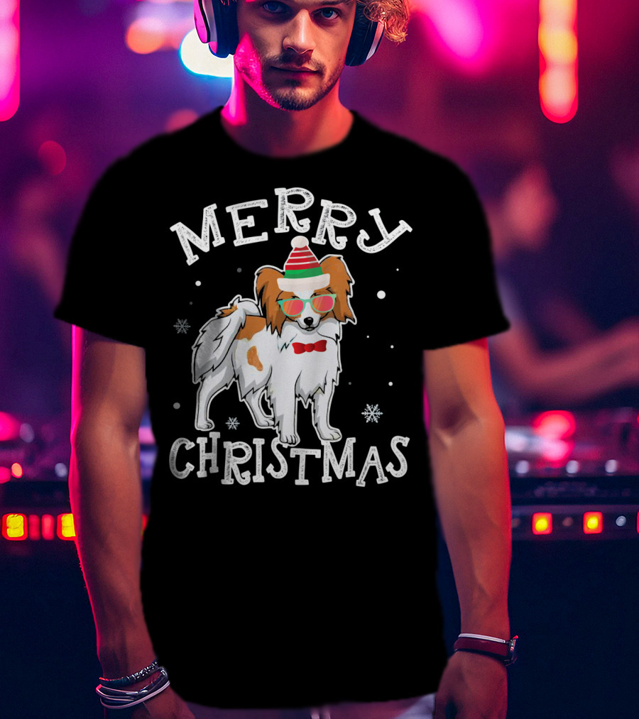 Merry Christmas Papillon Noel Hat Bowtie Snowflakes T-Shirt