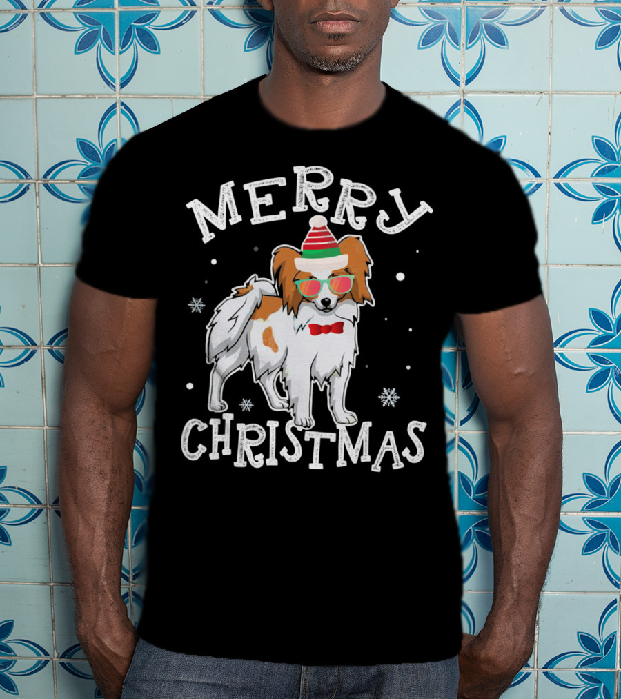 Merry Christmas Papillon Noel Hat Bowtie Snowflakes T-Shirt