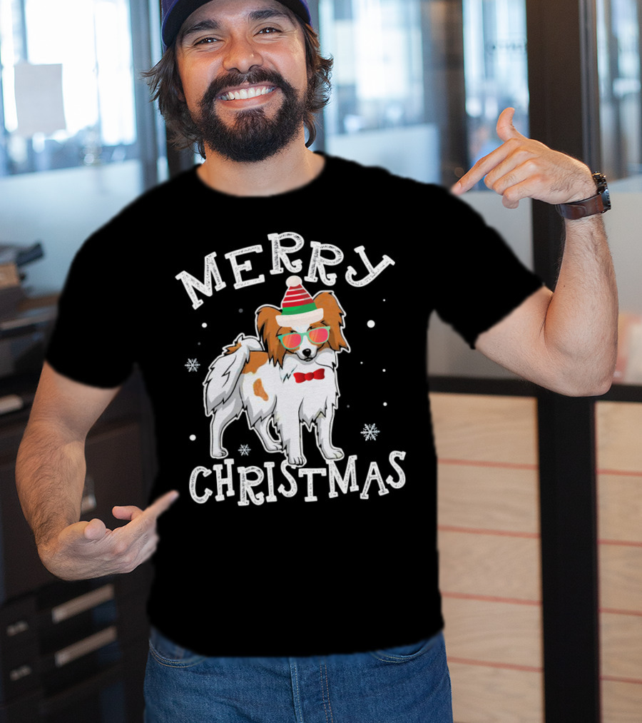 Merry Christmas Papillon Noel Hat Bowtie Snowflakes T-Shirt
