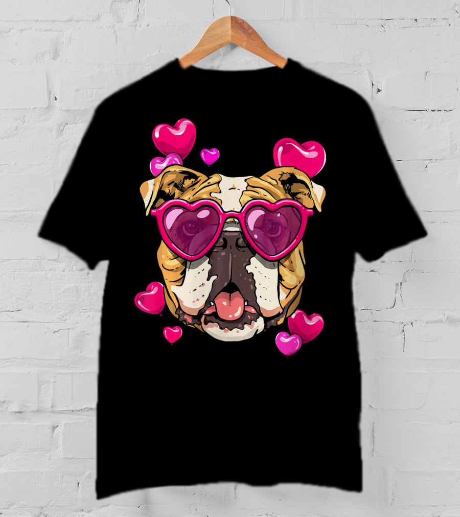 American Bulldog Heart Sunglasses Pink Hearts Valentine's Day T-Shirt