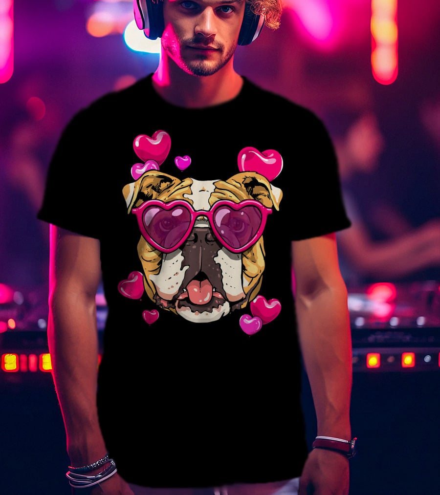 American Bulldog Heart Sunglasses Pink Hearts Valentine's Day T-Shirt