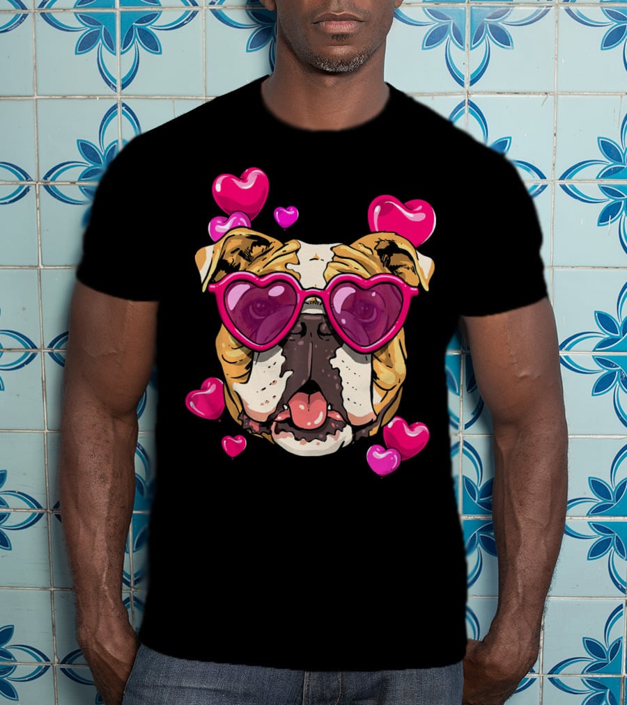 American Bulldog Heart Sunglasses Pink Hearts Valentine's Day T-Shirt