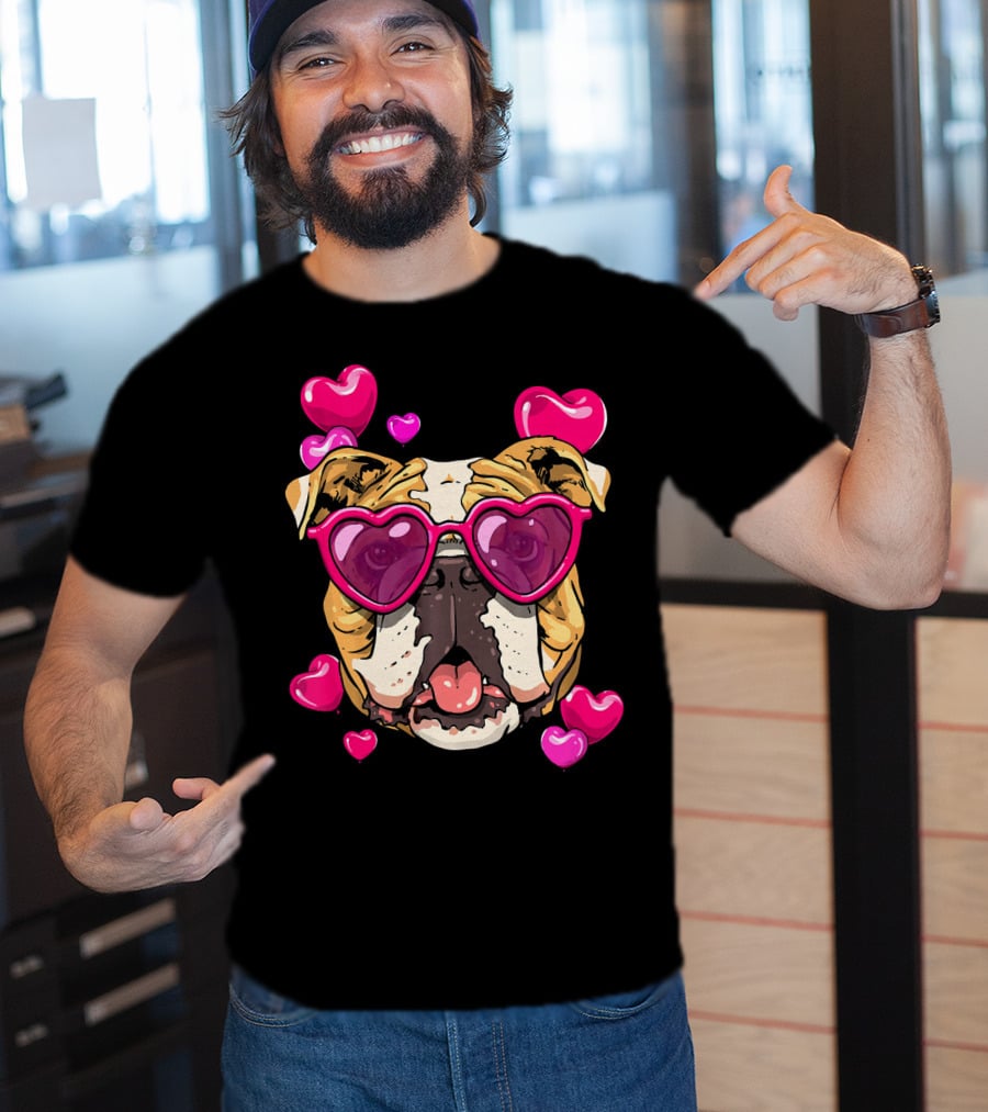 American Bulldog Heart Sunglasses Pink Hearts Valentine's Day T-Shirt
