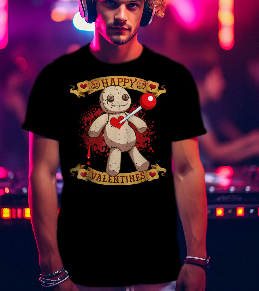 Happy Valentines Voodoo Doll With Heart And Lollipop Stabbing T-Shirt