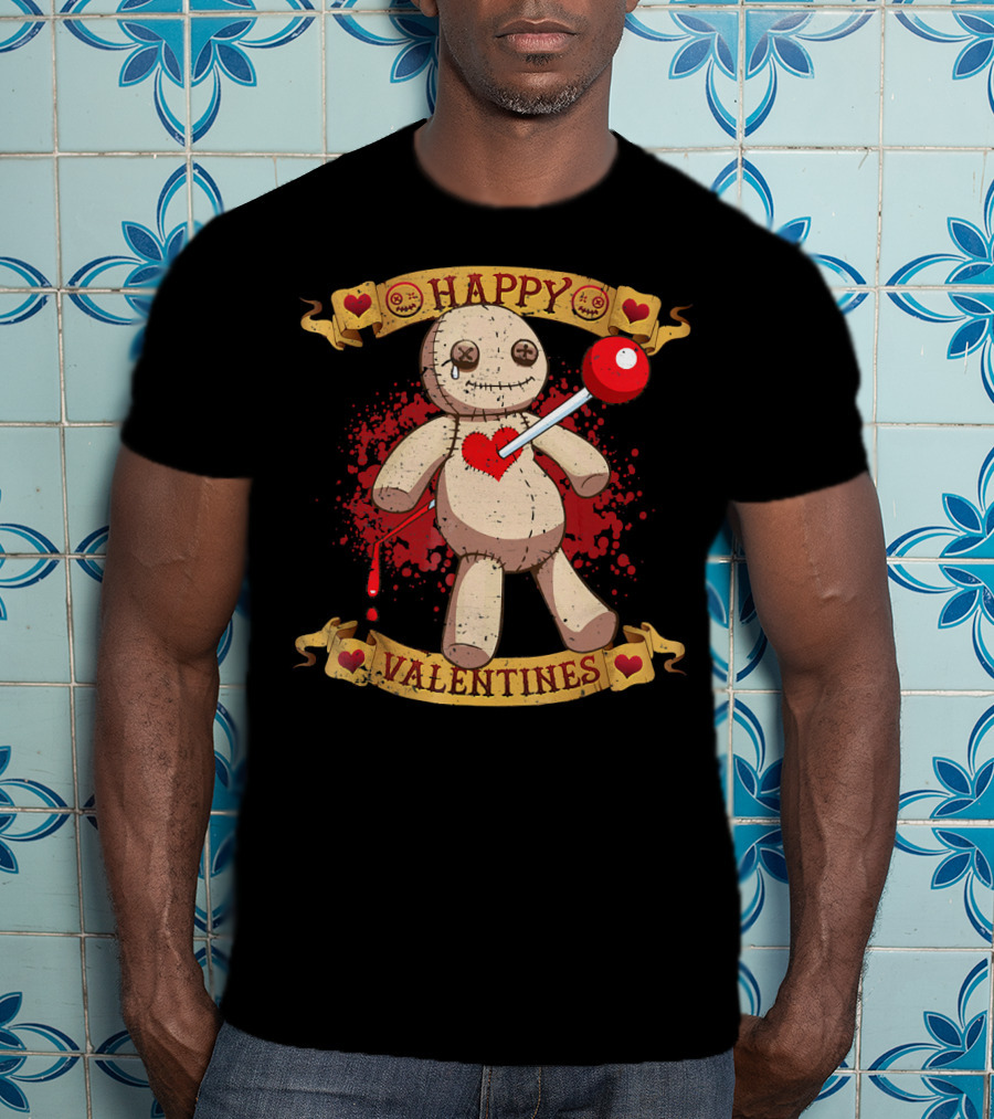 Happy Valentines Voodoo Doll With Heart And Lollipop Stabbing T-Shirt
