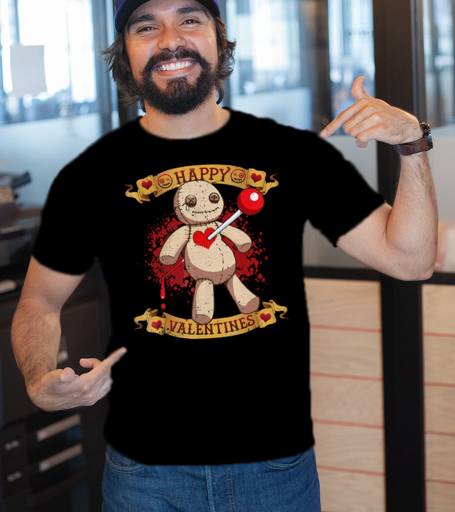 Happy Valentines Voodoo Doll With Heart And Lollipop Stabbing T-Shirt