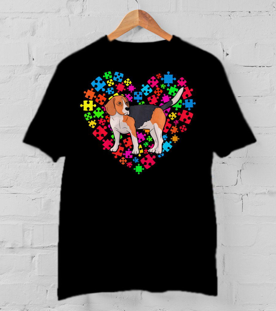 Autism Awareness Beagle Dog Colorful Puzzle Heart T-Shirt