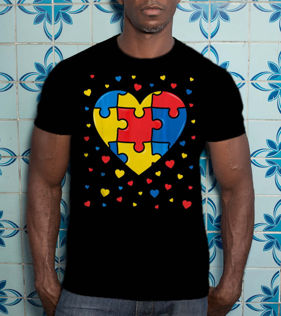Autism Awareness Heart Puzzle Valentines Day Multicolor Love T-Shirt