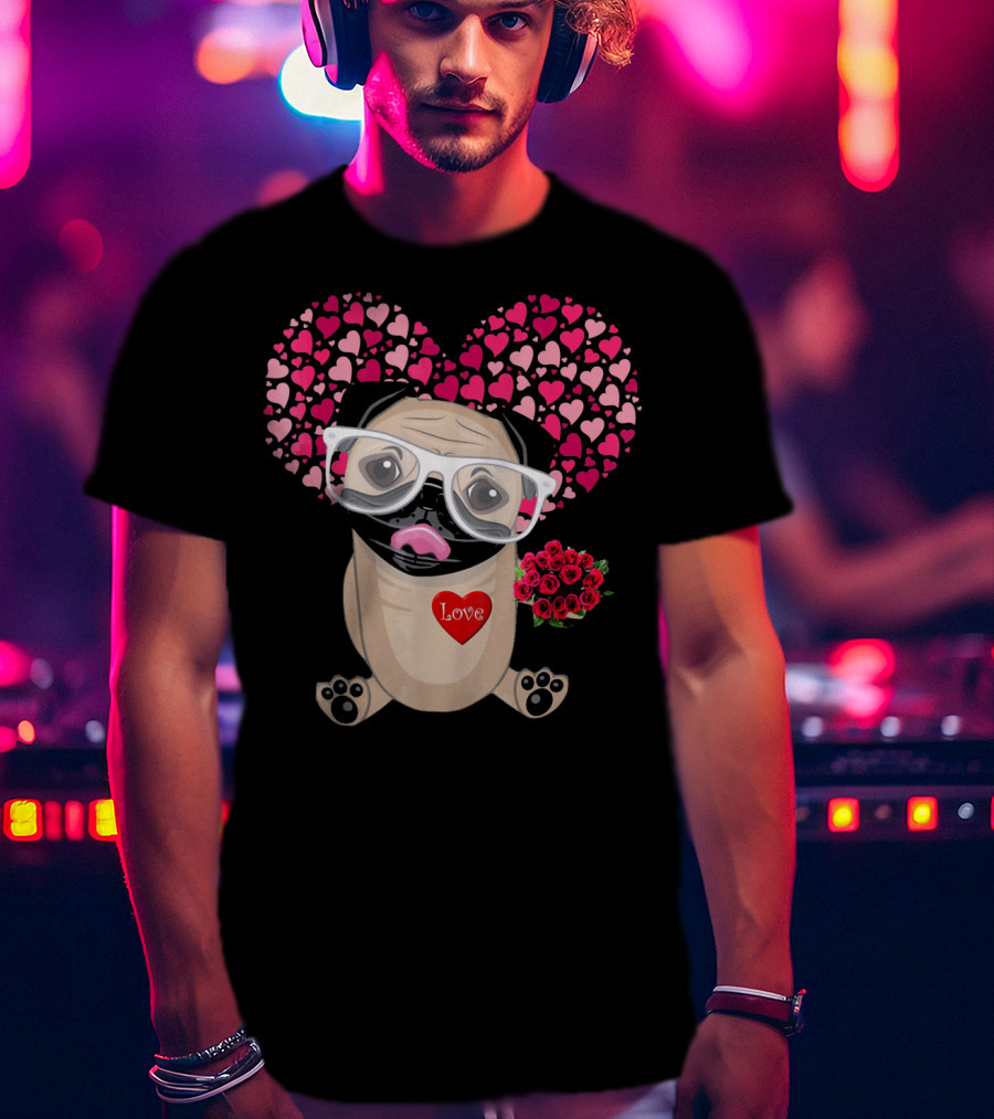 Be My Valentine Cute Pug Dog Love Heart Glasses Roses T-Shirt