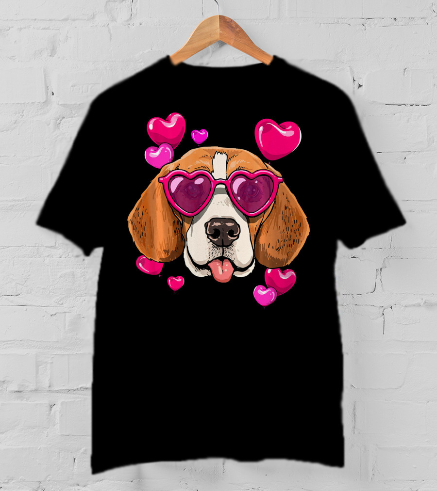 Beagle With Heart Sunglasses Surrounded By Pink Hearts Valentines Day Dog T-Shirt