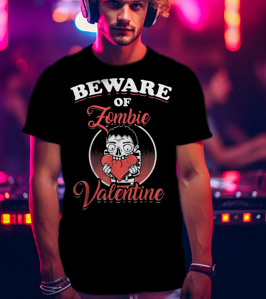 Beware Of Zombie Valentine Holding Heart Funny Horror T-Shirt