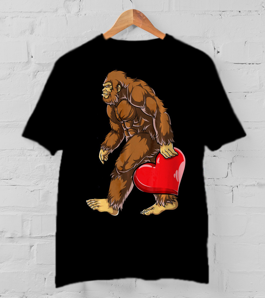 Bigfoot Carrying Heart Funny Valentine's Day T-Shirt