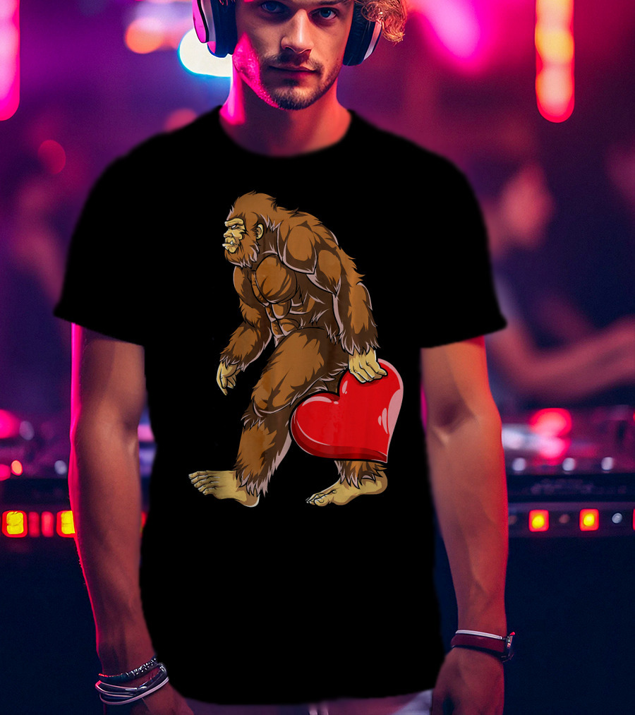 Bigfoot Carrying Heart Funny Valentine's Day T-Shirt
