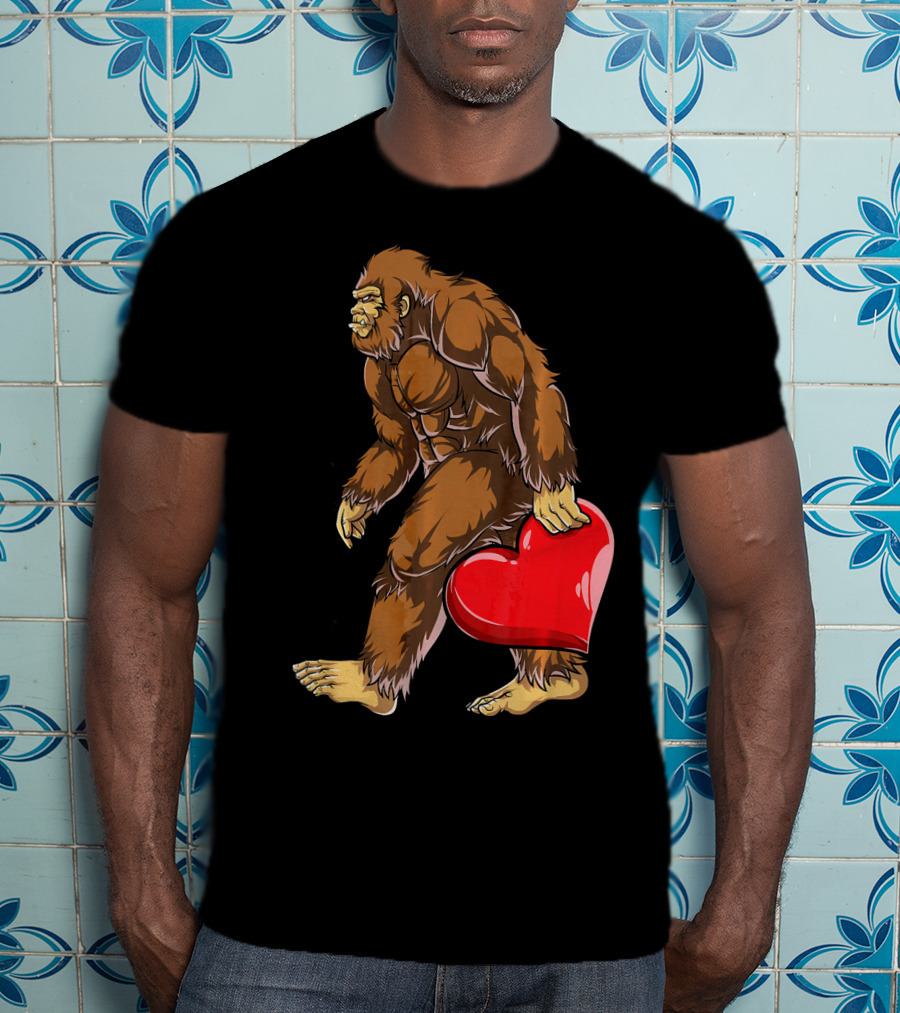 Bigfoot Carrying Heart Funny Valentine's Day T-Shirt