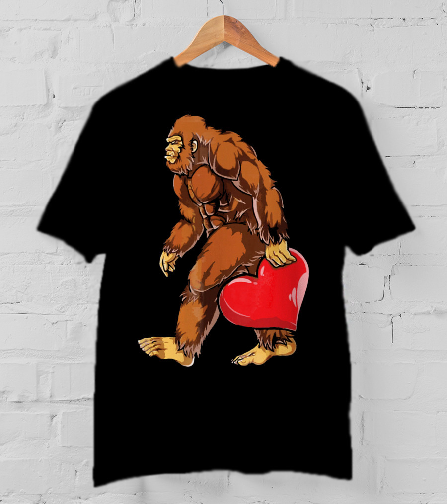 Bigfoot Holding A Red Heart For Funny Valentine's Day T-Shirt