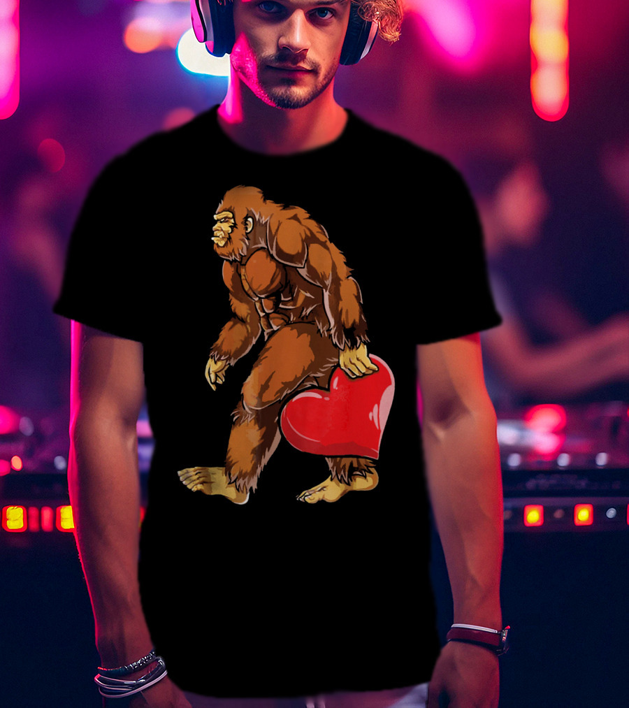 Bigfoot Holding A Red Heart For Funny Valentine's Day T-Shirt